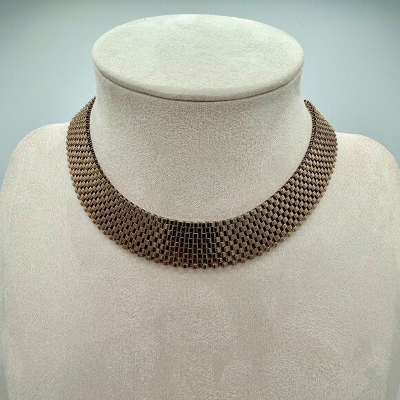 Vintage Wide Mesh Collar Choker Necklace | Mid Century Modern Gold Tone 14" - Picture 1 of 3